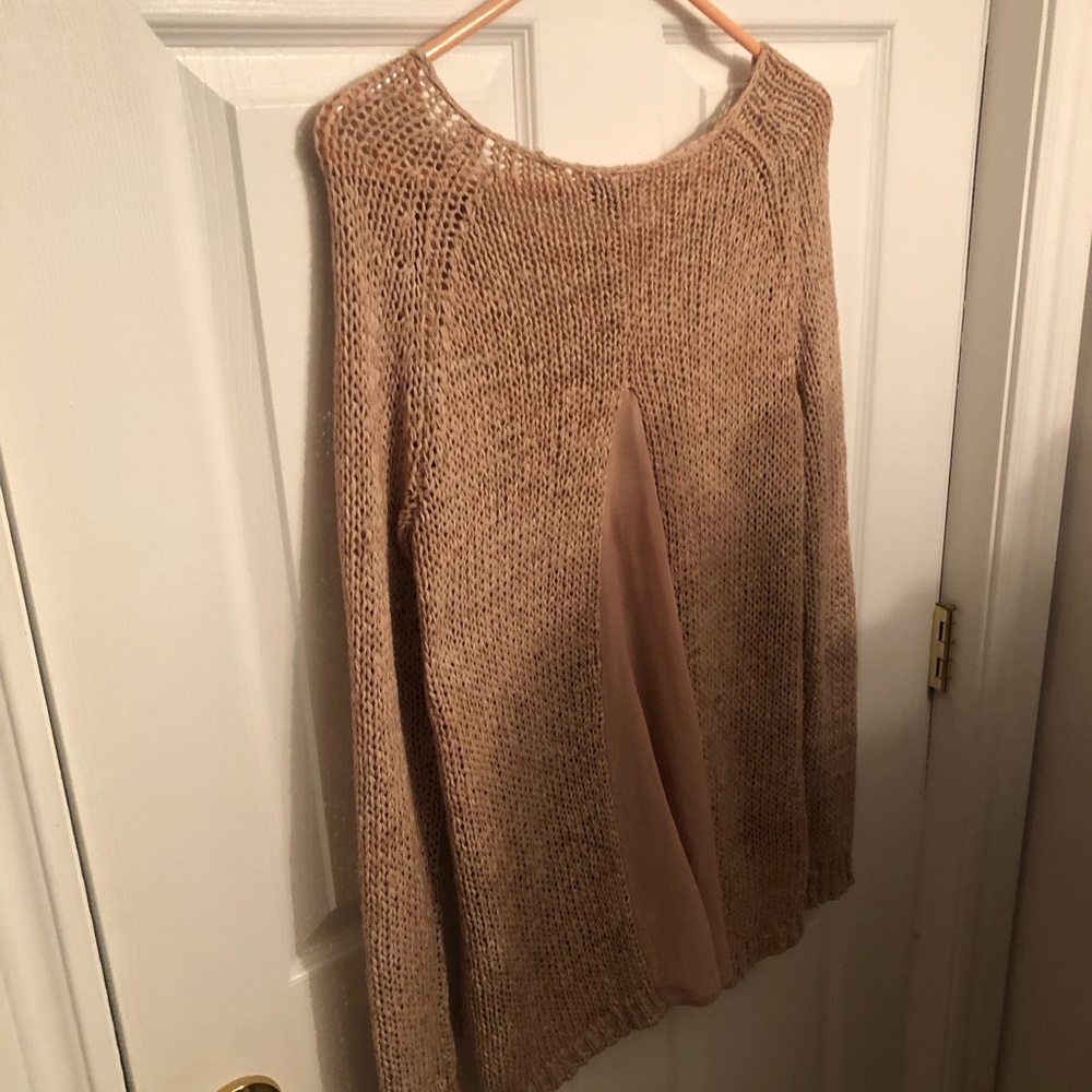 Crochet blush pink textile pattern with Ribbed hem & sleeves asymmetrical Tunic